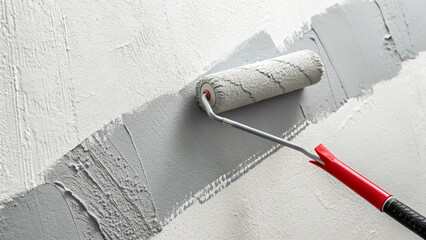Construction-themed photo of a red-handled roller spreading thick, protective gray material across a white, textured background