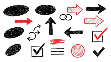 Hand-drawn sketch design elements including arrows, checkmarks, and scribbles © Stock Image Paradise