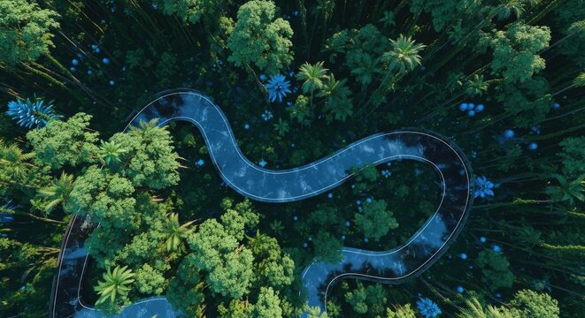Winding pathway through lush green forest surrounded by tall trees and vibrant blue flowers