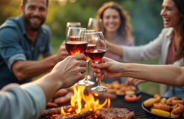 Group of friends enjoys barbecue dinner party outside. People toast wine glasses with grilled meat cooking on fire. Family has fun meal in garden.