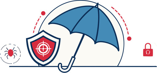 Flat vector illustration showing umbrella protecting laptop with lock and warning shield, symbolizing cybercrime risks, data breach alerts and online security for tech banners, apps and infographics.