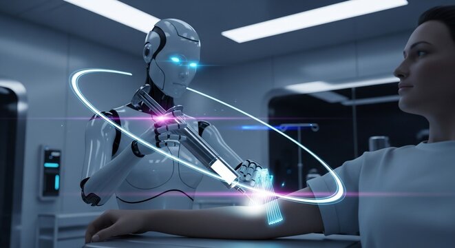 A futuristic humanoid robot with glowing eyes performing a medical scan on a woman's arm in a high-tech healthcare setting. - Powered by Adobe
