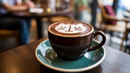 Cat Latte Art in Dark Coffee Mug on Teal Saucer Close-Up