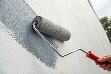 DIY home renovation image featuring a roller painting a fresh coat of thick, medium-gray paint onto a wall