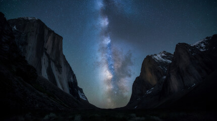 A breathtaking ultra-long exposure night photograph of the Milky Way forming a river of light flowing perfectly between two towering mountains, crystal-clear stars, deep blue sky, dramatic contrast