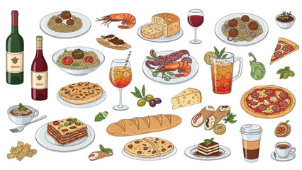 A delightful hand-drawn assortment of traditional Italian food and drinks