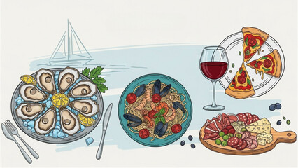 Vibrant Mediterranean Food Illustration Seafood, Pasta, Pizza, and Charcuterie on a Coastal Backdrop