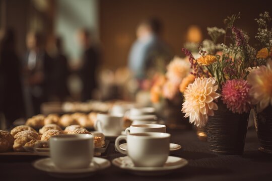 Elegant Coffee Break Setup at Business Event. A soft blur of a breakfast event where professionals network over morning coffee. High quality
