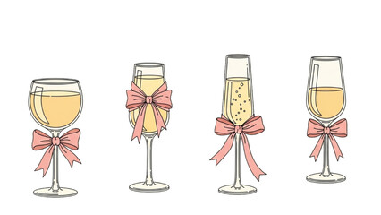 Four champagne glasses decorated with pink bows ready for celebration