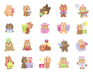 Holiday bear gift character set in scandinavian style showing featuring charming festive sharing present, balloon, during family events together moments stories