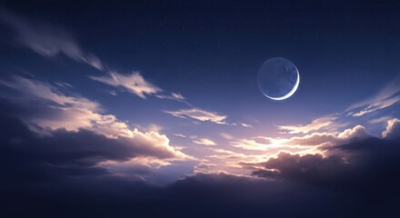 Crescent moon shines through dramatic sunset clouds