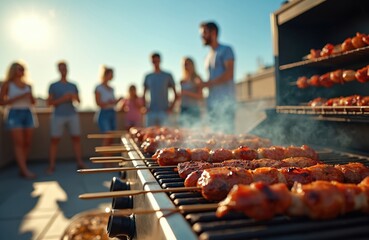 Friends enjoy rooftop barbecue party on sunny summer day. Meat skewers cook on grill outdoor. People socialize, eat food, relax, have fun together on roof.