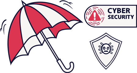 Flat vector illustration showing umbrella protecting laptop with lock and warning shield, symbolizing cybercrime risks, data breach alerts and online security for tech banners, apps and infographics.