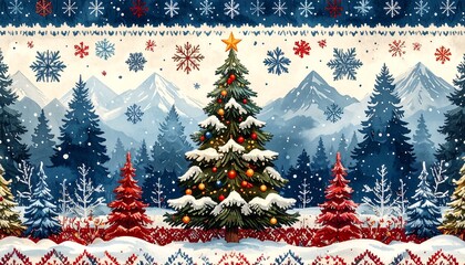 A festive illustration showcasing a snowy winter scene with snow-covered Christmas tree, mountains, and decorated with snowflakes