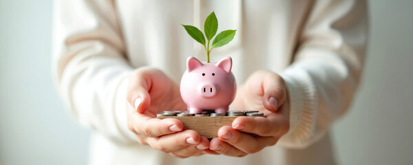 Hands hold pink piggy bank with growing plant sprout, coins. Symbolizes savings growth financial security, future wealth planning. Investment strategy helps build strong economic foundation for life.