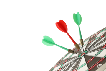 Three darts hit the dartboard perfectly, isolated on white, PNG