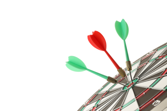 Three darts hit the dartboard perfectly, isolated on white, PNG