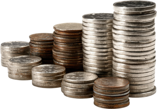 Stacks of various coins showing different denominations and colors