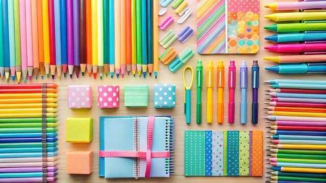 Colorful school supplies and stationery items arranged neatly on a wooden desk surface for creative projects - Powered by Adobe