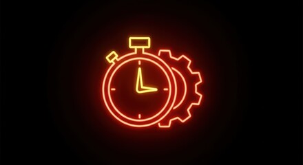 Neon stopwatch and gear icon on black background