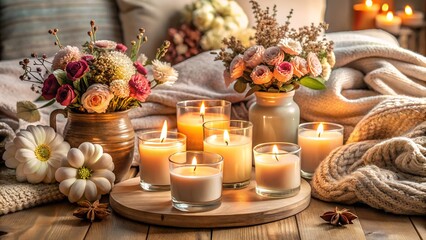Warm autumnal home decor with candles flowers pumpkins and cozy blankets for a relaxing atmosphere