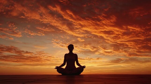 Serene meditation silhouette at sunset, embracing tranquility and spiritual balance amidst vibrant skies