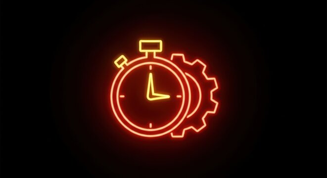 Neon stopwatch and gear icon on black background - Powered by Adobe