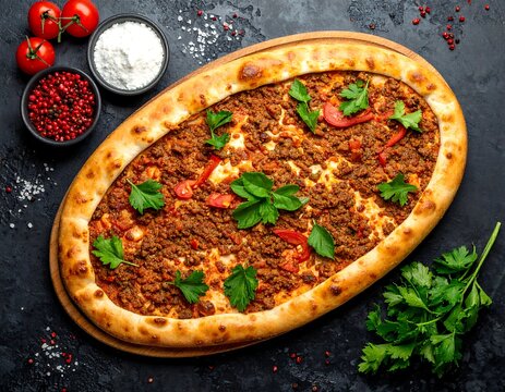 A flatbread topped with spiced meat, served on a wooden board. Garnished with herbs & tomatoes, beside spices & fresh vegetables