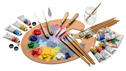 Assortment of traditional painting supplies is arranged neatly on a dark background