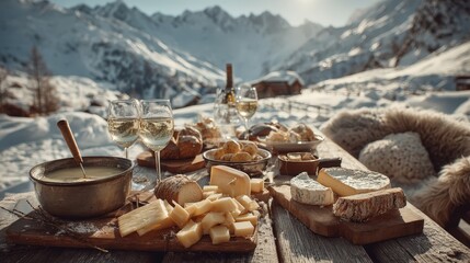 Delicious cheese fondue with alpine mountain backdrop