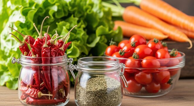 Fresh vegetables and spices displayed on a wooden table showcasing a vibrant cooking scene