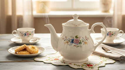 Elegant porcelain teapot with floral decoration and tea set on a table