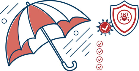 Flat vector illustration showing umbrella protecting laptop with lock and warning shield, symbolizing cybercrime risks, data breach alerts and online security for tech banners, apps and infographics.