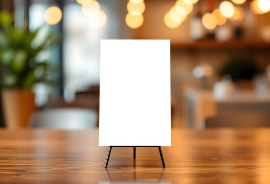 Blank table tent card mockup on marble table | Vertical menu stand display in blurred cafe background | Customizable menu board template with bokeh lights | Empty reserved sign mockup for bar or coffe