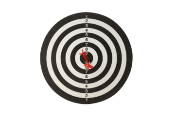 Darts are placed in the center of a dartboard, isolated on white, PNG