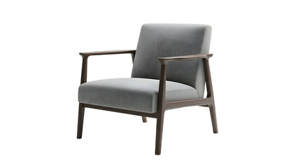 Contemporary upholstered armchair featuring wooden framing displayed against a solid dark background