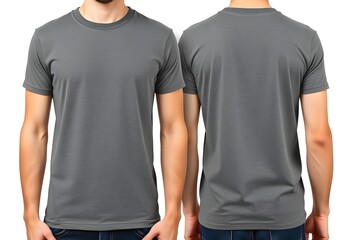 Front and back view of young man in blank grey t-shirt mockup | Isolated male model wearing plain heather gray short sleeve tee | Athletic fit crew neck shirt on male body studio shot | High resolutio