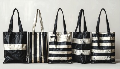 Five rectangular totes with varied stripe patterns stand in a row. They have black and metallic accents against a light background
