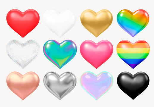 Colorful Heart Shaped 3D Icons Element Set