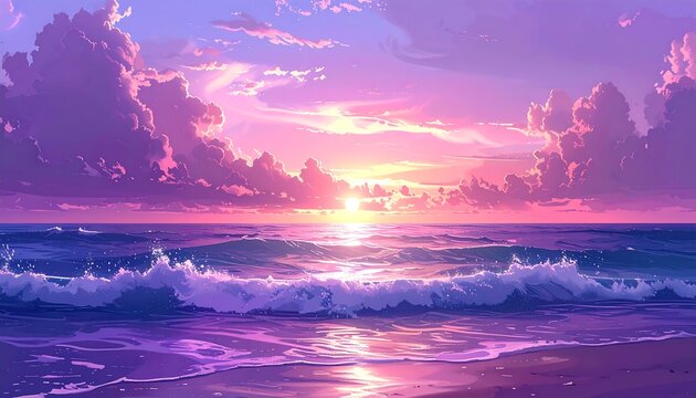 Digital art capturing an ocean sunset. Gentle waves crash on the shore, bathed in a purple and pink sky. A radiant sun sets over horizon