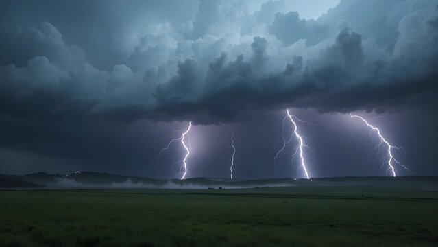 Dramatic Lightning Strike Illuminates Dark Stormy Sky Over River Landscape at Night