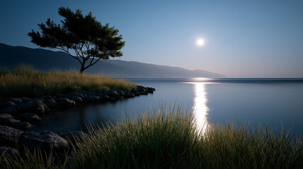 Obraz premium High-resolution nocturnal landscape with a silhouetted tree on a serene lake, illuminated by moonlight, creating a mystical and peaceful natural scenery at night