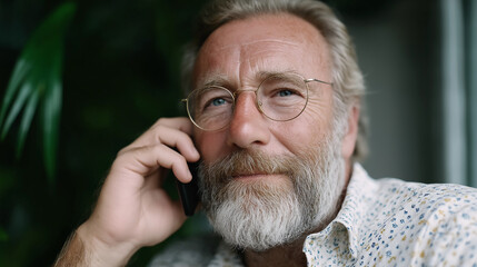 Close-up of a tense senior man speaking on a mobile phone, showing worried facial expression, casual attire, and high-detail focus on emotional stress in a real-life communication scenario