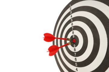 Two red darts embedded in a bullseye on a target, isolated on white, PNG