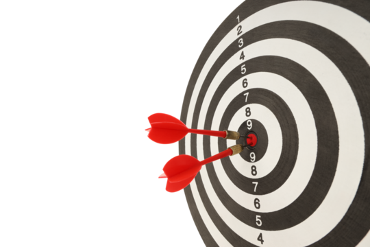 Two red darts embedded in a bullseye on a target, isolated on white, PNG