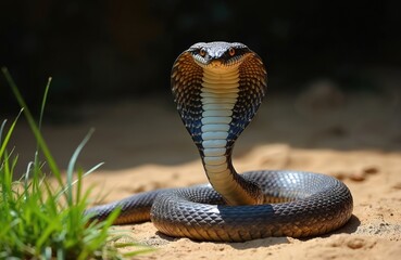 Fototapeta premium Indian cobra reptile spreads its hood, showing patterned scales. Venomous snake poses on sandy ground with green grass. Deadly creature stares with alert eyes.