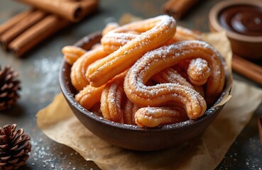 Fototapeta premium Churros dessert in bowl close up. Fried dough pastries with sugar powder. Food still life composition, decorated with cinnamon sticks and pine cones on kitchen table.