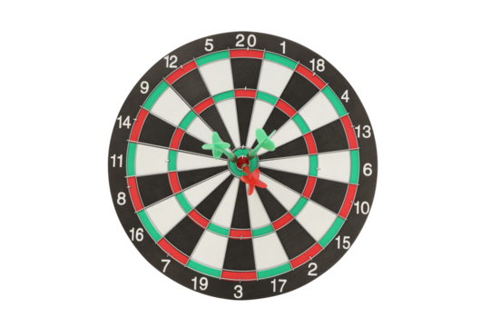 Dartboard with three darts in target, isolated on white, PNG
