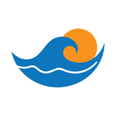 Strong Bold Wave Crest Under An Outlined Sun With Spaced Rays