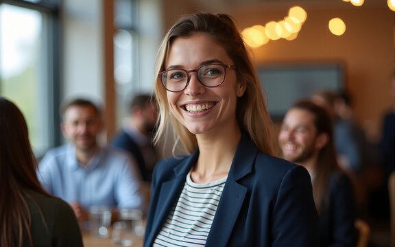 Happy team member at teamwork networking workshop social event for business finance and sales. High quality